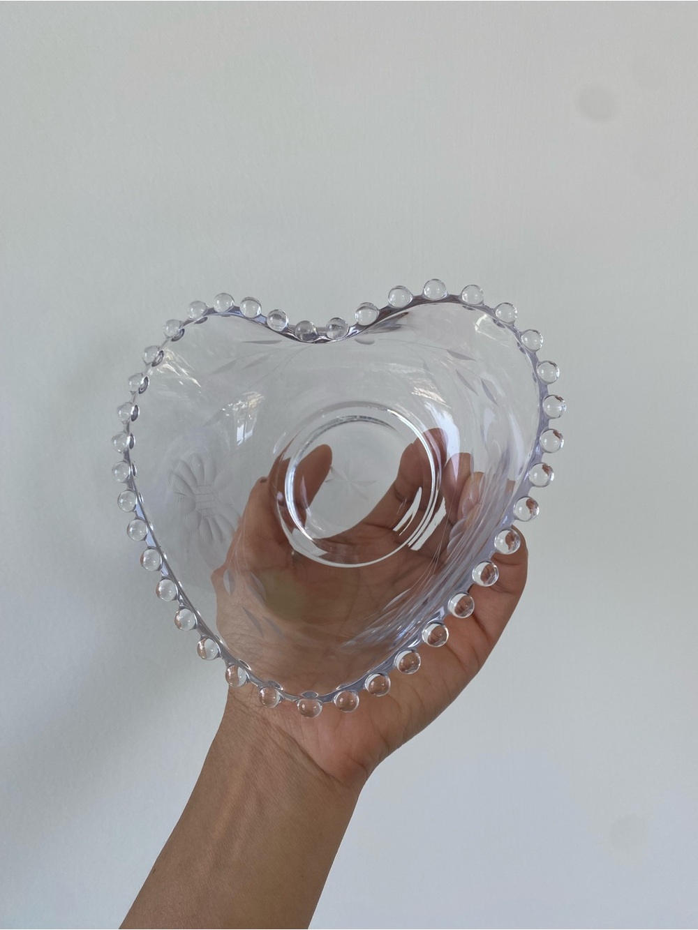 Clear Heart-Shaped Glass Bowl with Beaded Rim